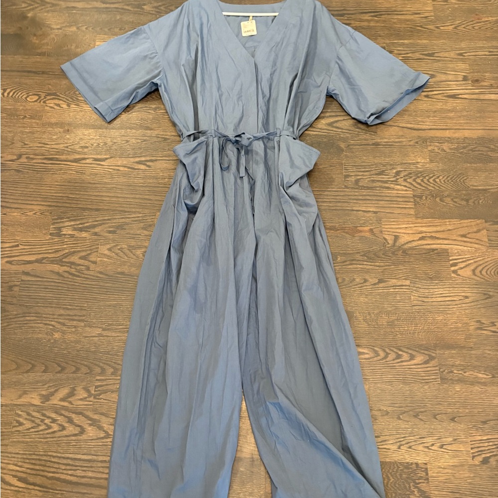 Free People Light Blue Wide Leg Jumpsuit with Tie Waist and V Neck